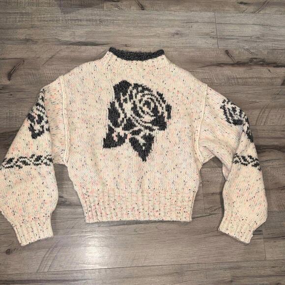 Anthropologie Sweaters - Anthropology Chunky Knit Floral Rose Graphic Sweater Cottage Cozy Cropped NWT S